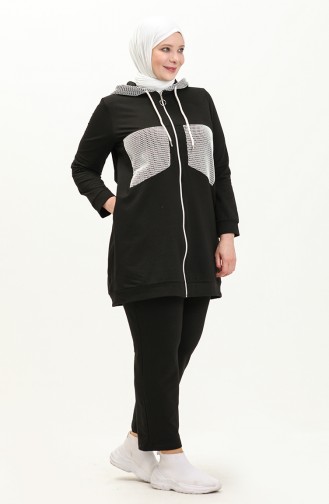 Plus Size Mesh Detailed Tracksuit Set 12000-04 Black 12000-04