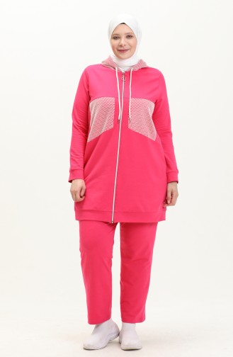 Plus Size Mesh Detailed Tracksuit Set 12000-05 Fuchsia 12000-05