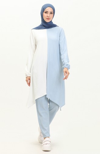 Asymmetrical Two Piece Suit 3015-02 Ecru Blue 3015-02