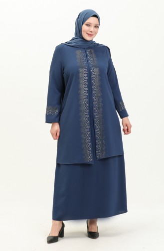 Übergröße Stein bedrucktes Abendkleid 6092-02 Indigo 6092-02