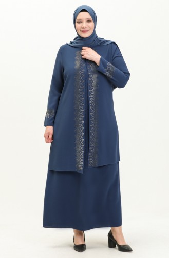 Übergröße Stein bedrucktes Abendkleid 6092-02 Indigo 6092-02