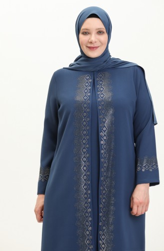 Übergröße Stein bedrucktes Abendkleid 6092-02 Indigo 6092-02