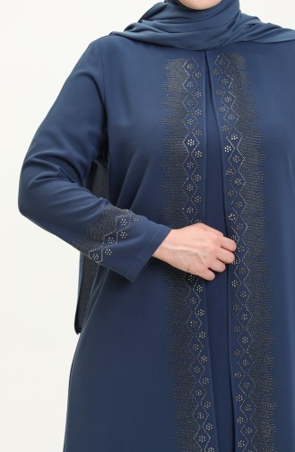 Übergröße Stein bedrucktes Abendkleid 6092-02 Indigo 6092-02