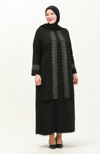Plus Size Stone Printed Evening Dress 6092-04 Black 6092-04