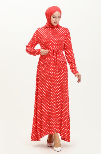 فستان نقطة بأزرار  1755-01 أحمر 1755-01