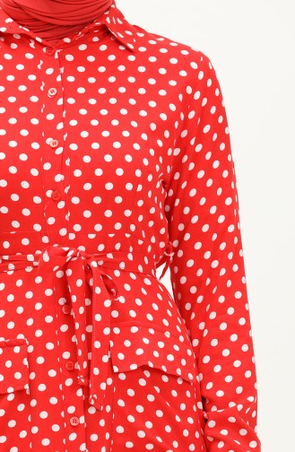 Düğmeli Puantiyeli Elbise 1755-01 Kırmızı