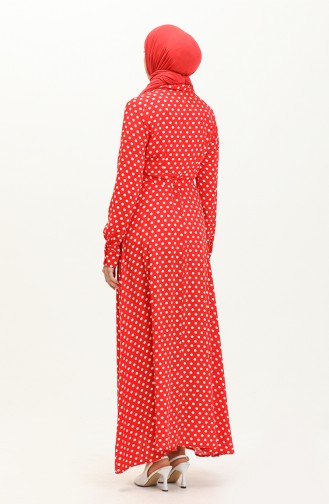 Düğmeli Puantiyeli Elbise 1755-01 Kırmızı