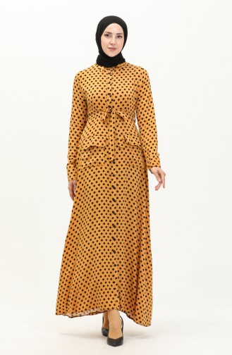 Buttoned Polka Dot Dress 1755-02 Mustard 1755-02