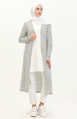 Striped Long Loose Fit Cardigan 8619-01 Black Ecru 8619-01