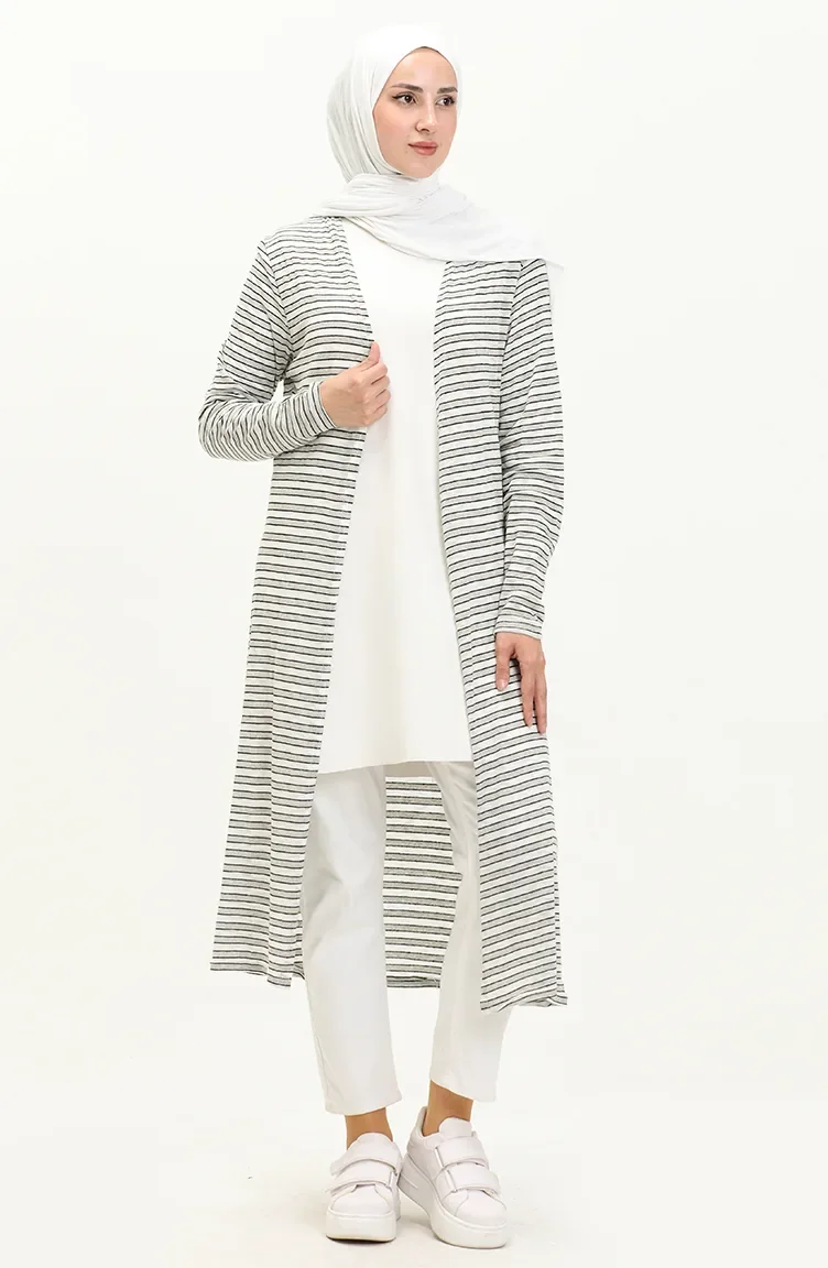 Gilet Long à Rayures 8619-01 Noir Ecru  8619-01