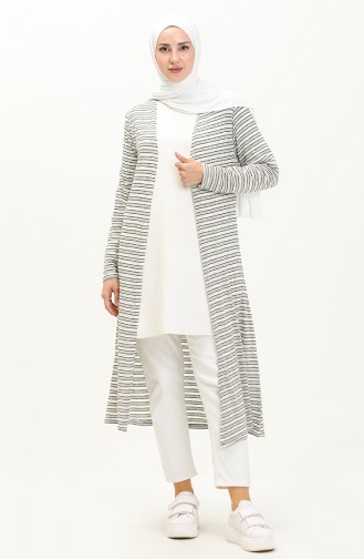 Striped Long Loose Fit Cardigan 8619-01 Black Ecru 8619-01