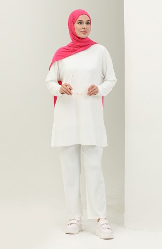 Bürümcük Kumaş Tunik Pantolon İkili Takım 1002-01 Ekru
