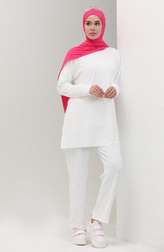 Bürümcük Kumaş Tunik Pantolon İkili Takım 1002-01 Ekru