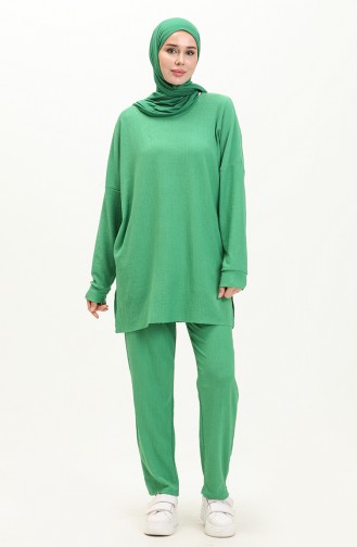 Bürümcük Kumaş Tunik Pantolon İkili Takım 1002-06 Yeşil