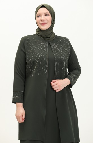 فستان سهرة بطبعة حجر مقاس كبير 6101-01 أخضر عسكري  6101-01