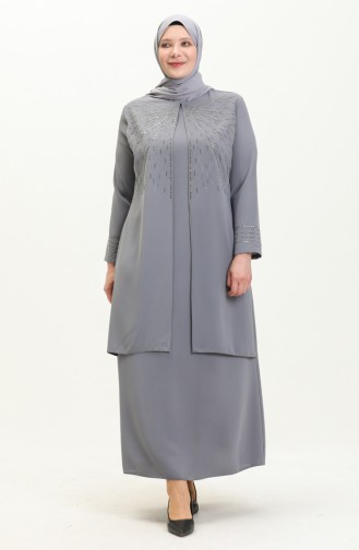 Plus Size Stone Printed Evening Dress 6101-03 Gray 6101-03