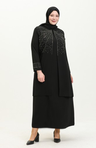 Plus Size Stone Printed Evening Dress 6101-04 Black 6101-04