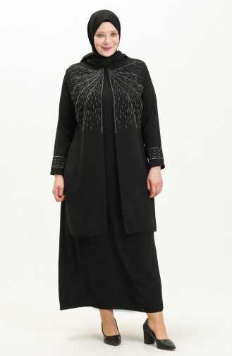 Plus Size Stone Printed Evening Dress 6101-04 Black 6101-04