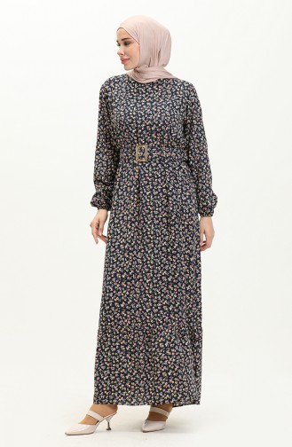 Floral Print Viscose Dress 2203-01 Navy Blue 2203-01