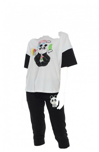 Pamuklu Düşük Omuzlu Kısa Kol Kaprili Pijama Takım 0100410000 Beyaz