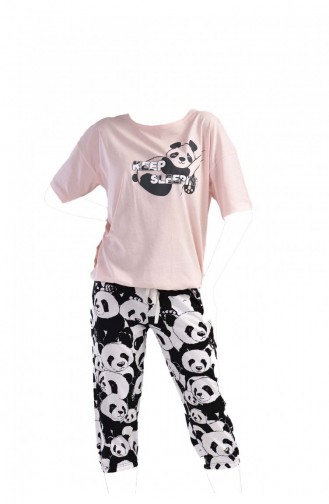 Pamuklu Kadın Düşük Omuzlu Kısa Kol Kaprili Pijama Takım 3010231954 Toz Pembe