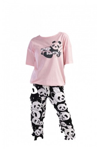 Pamuklu Kadın Düşük Omuzlu Kısa Kol Kaprili Pijama Takım 3010231954 Toz Pembe