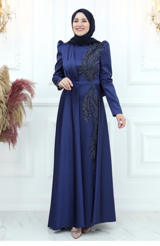 Amine Hüma Arya Satin Abendkleid Marineblau 2921