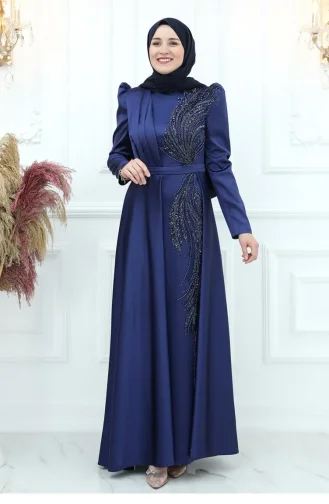 Amine Hüma Arya Satin Abendkleid Marineblau 2921