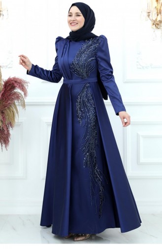 Amine Hüma Arya Satin Abendkleid Marineblau 2921