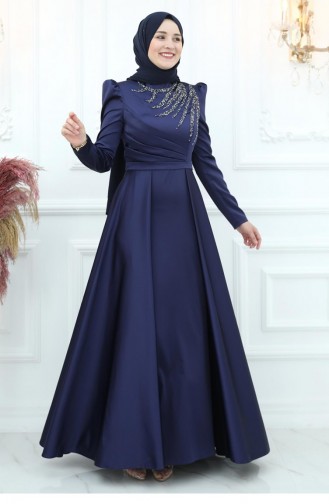 Amine Hüma Berceste Satijnen Avondjurk Marineblauw 2934