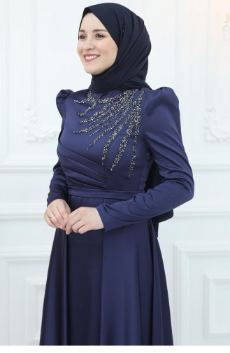 Amine Hüma Berceste Satijnen Avondjurk Marineblauw 2934