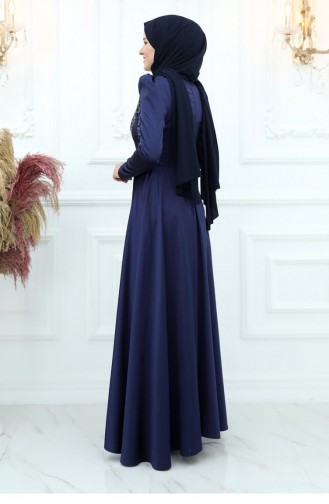Amine Hüma Berceste Satijnen Avondjurk Marineblauw 2934