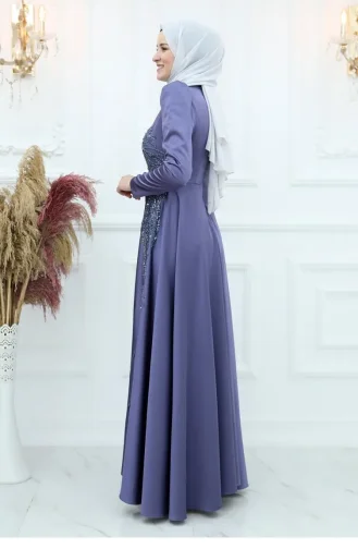 Amine Hüma Begüm Satin Abendkleid Indigo 2941