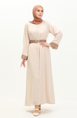 Abaya à Ceinture en Soie Médina 24Y9022-01 Beige 24Y9022-01