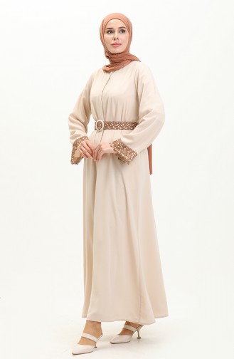 Abaya à Ceinture en Soie Médina 24Y9022-01 Beige 24Y9022-01