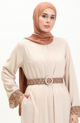 Abaya à Ceinture en Soie Médina 24Y9022-01 Beige 24Y9022-01