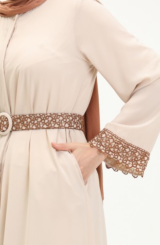 Abaya à Ceinture en Soie Médina 24Y9022-01 Beige 24Y9022-01