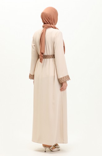 Abaya à Ceinture en Soie Médina 24Y9022-01 Beige 24Y9022-01