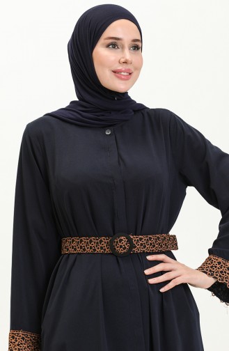 Abaya à Ceinture en Soie Médina 24Y9022-02 Bleu Marine 24Y9022-02