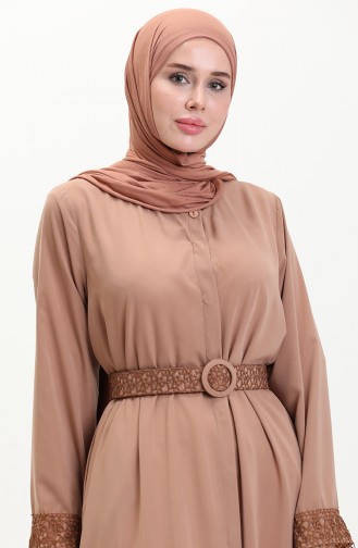 Medina Silk Belted Abaya 24Y9022-04 Milky Coffee 24Y9022-04