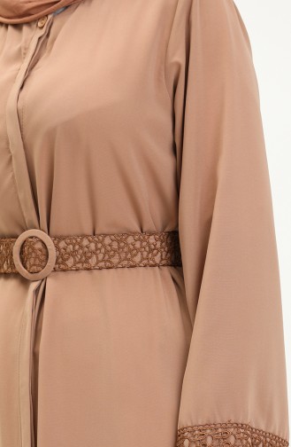 Medina Silk Belted Abaya 24Y9022-04 Milky Coffee 24Y9022-04