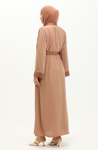 Medina Silk Belted Abaya 24Y9022-04 Milky Coffee 24Y9022-04