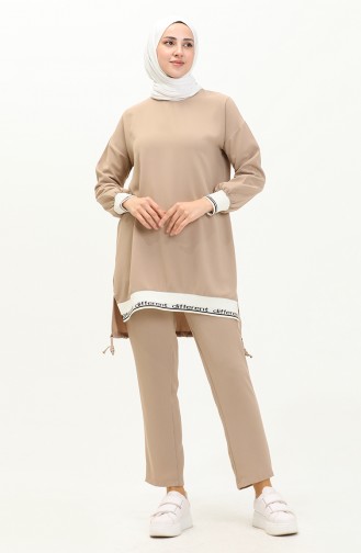 Ribana Detaylı Tunik Pantolon İkili Takım 70021-04 Vizon