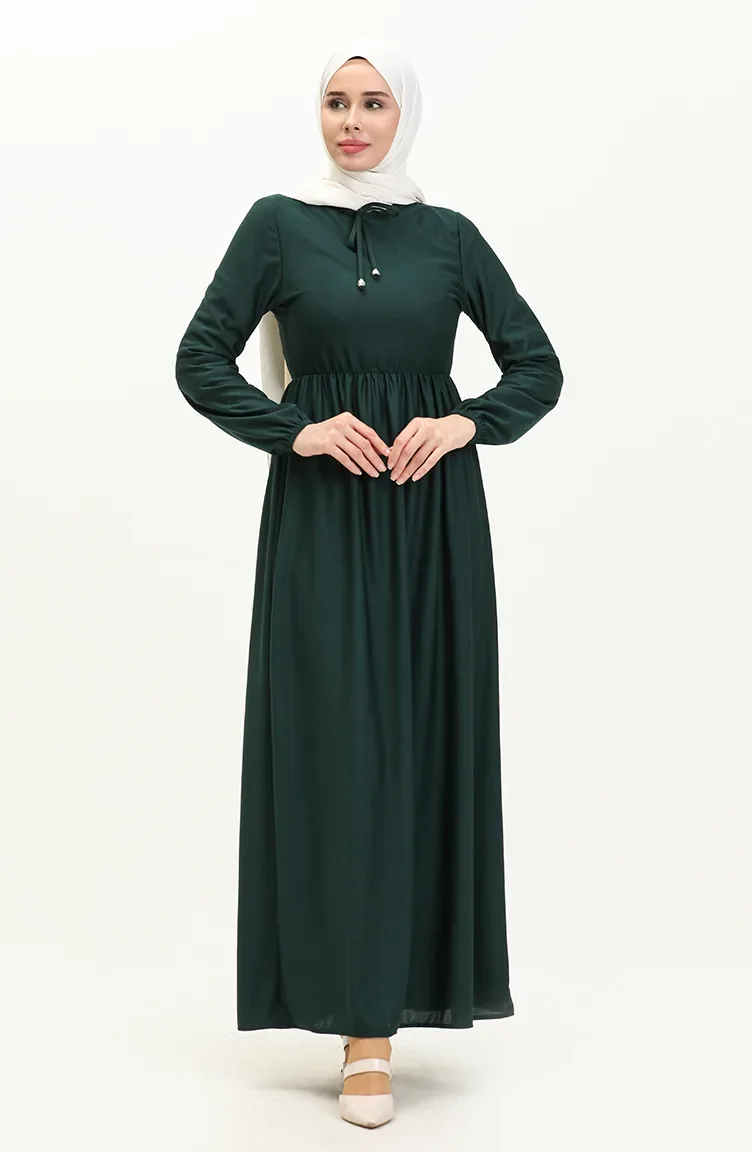 Beli Büzgülü Elbise 0575-08 Zümrüt Yeşili
