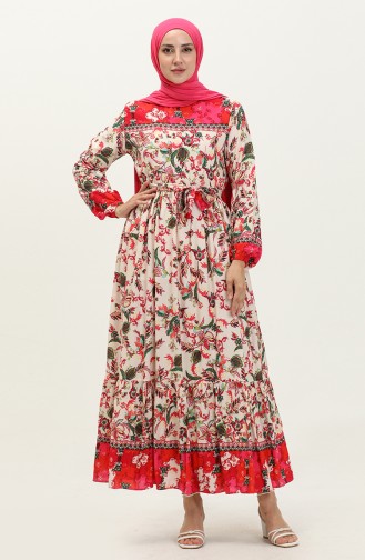 Floral Print Cotton Dress 0070-01 Cream Fuchsia 0070-01