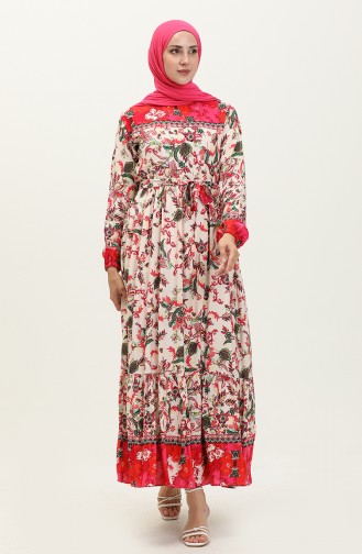 Floral Print Cotton Dress 0070-01 Cream Fuchsia 0070-01