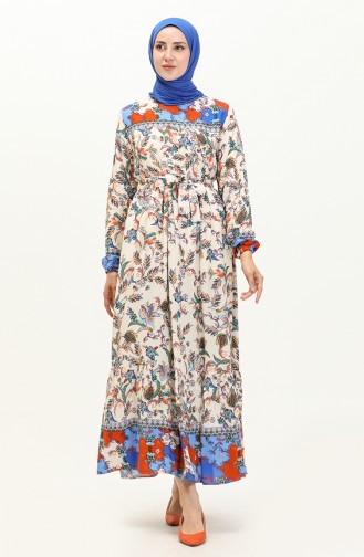 Floral Print Cotton Dress 0070-02 Cream İndigo 0070-02
