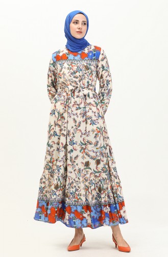 Floral Print Cotton Dress 0070-02 Cream İndigo 0070-02