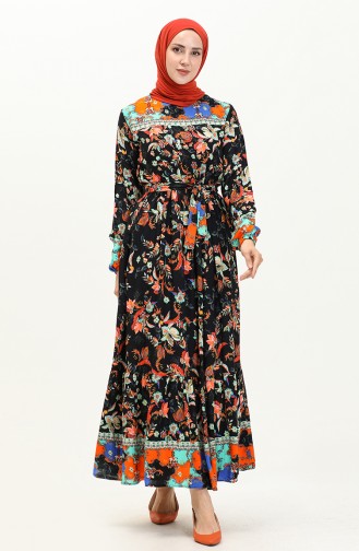 Floral Print Cotton Dress 0070-03 Navy Blue Tile 0070-03