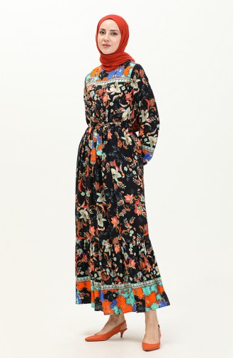Floral Print Cotton Dress 0070-03 Navy Blue Tile 0070-03
